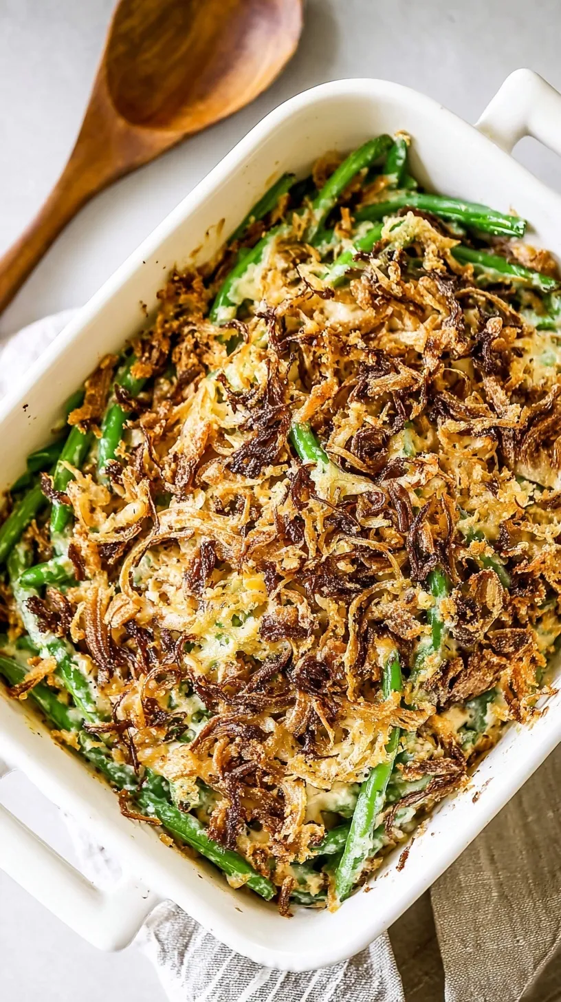 A golden brown healthy green bean casserole topped with crispy onions and panko in a white ceramic dish.
