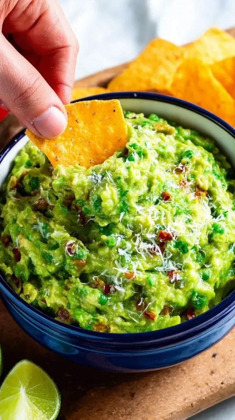 A bowl of vibrant green healthy guacamole made with peas and avocado, topped with fresh cilantro and red onion.