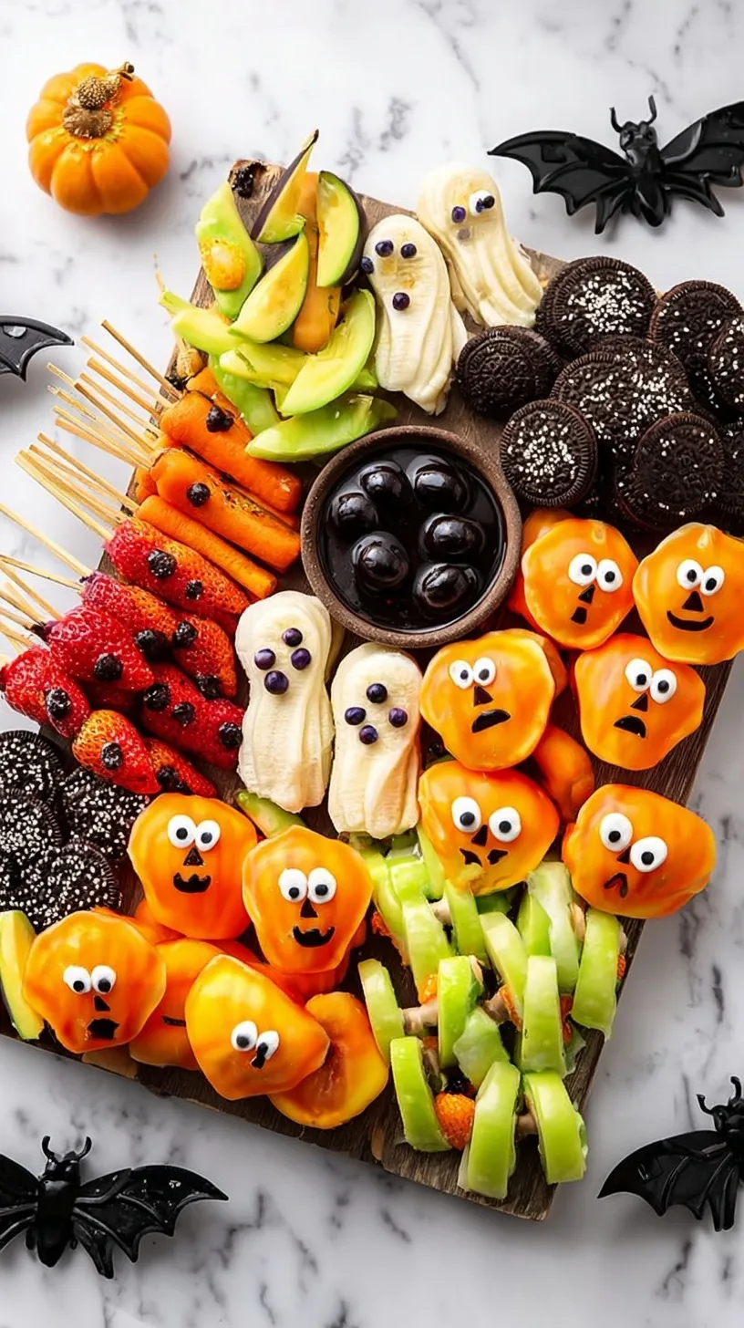 A festive Halloween fruit platter with banana ghosts and clementine pumpkins on a white plate.