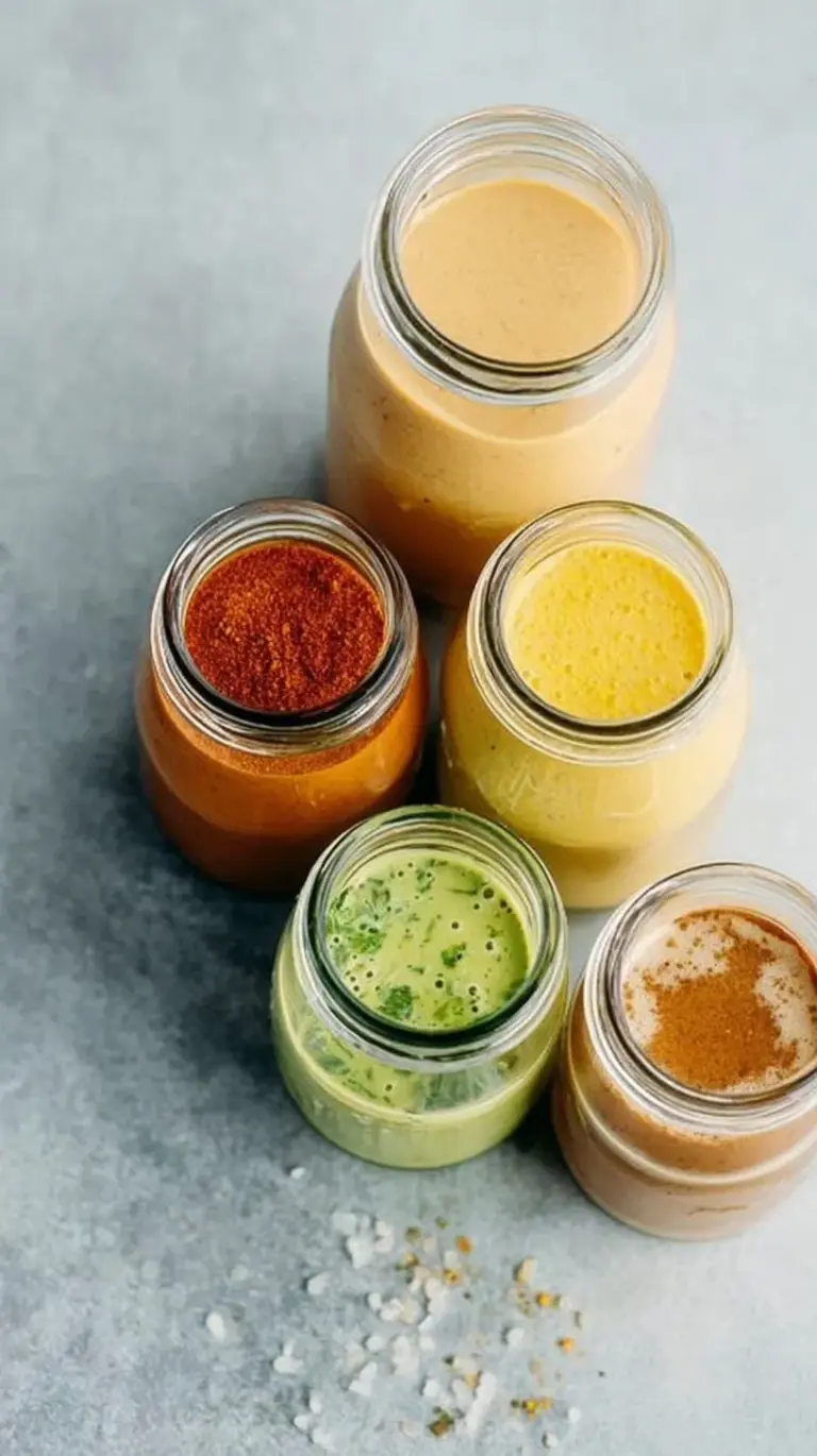 A glass jar of fresh lemon herb vinaigrette with fresh lemons and herbs in the background