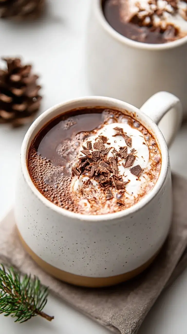 A steaming mug of healthy hot chocolate with a sprinkle of cinnamon on top