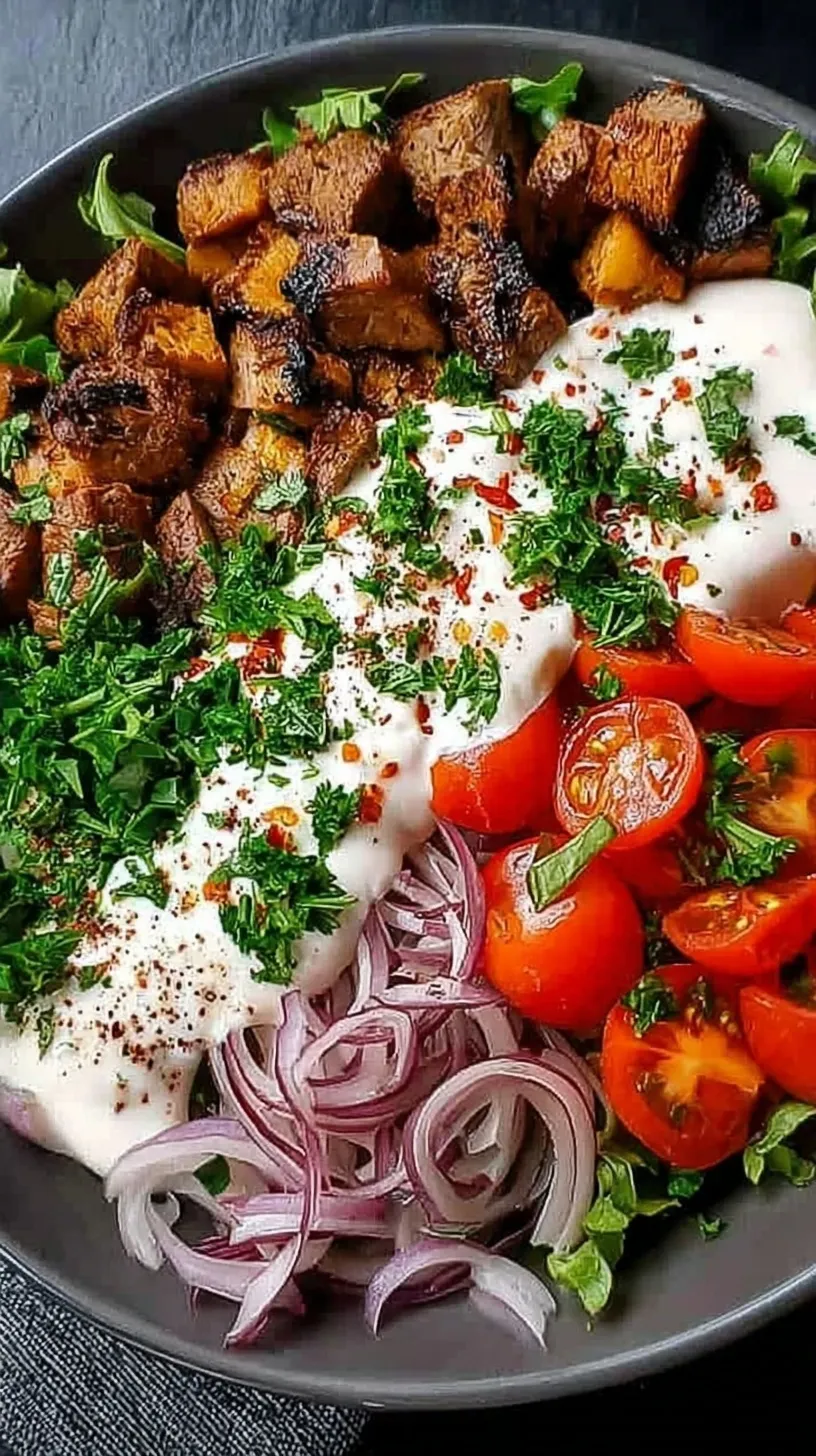 A vibrant High-Protein Kebab Bowl with grilled chicken, quinoa, tomatoes, cucumbers, and creamy tzatziki sauce.
