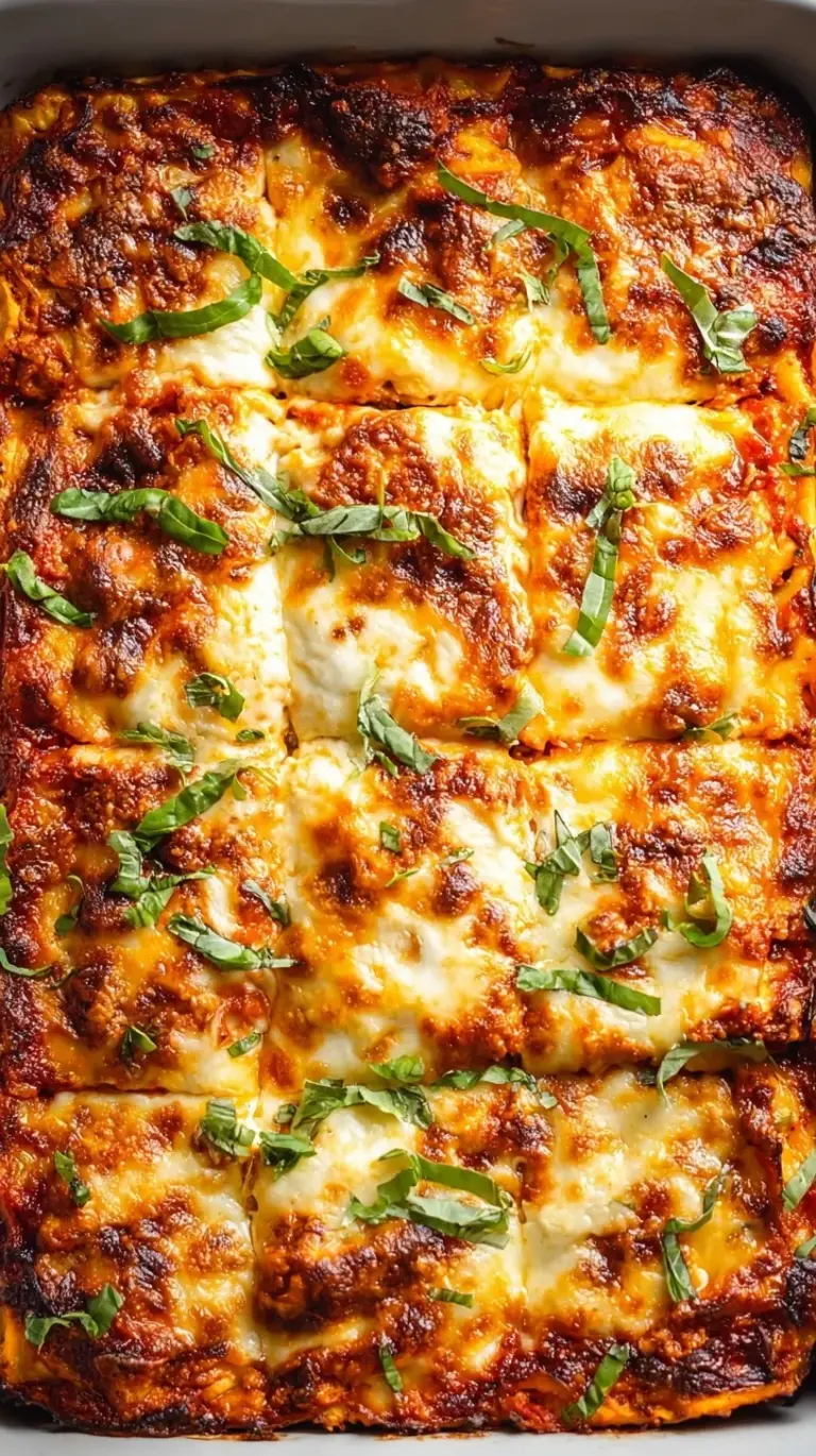 A bubbling tray of healthy ground turkey lasagna with melted mozzarella and fresh herbs.