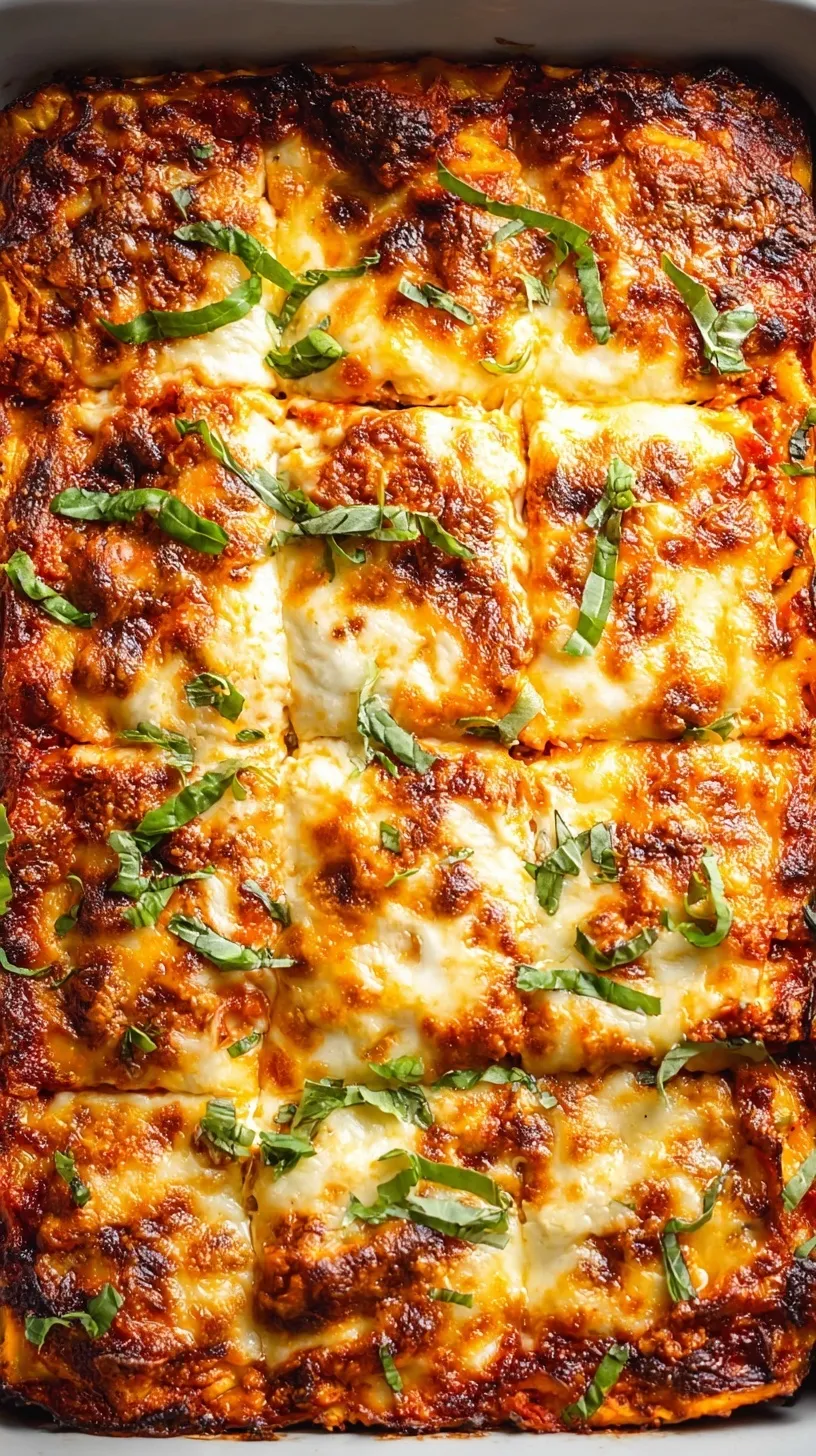 A bubbling tray of healthy ground turkey lasagna with melted mozzarella and fresh herbs.