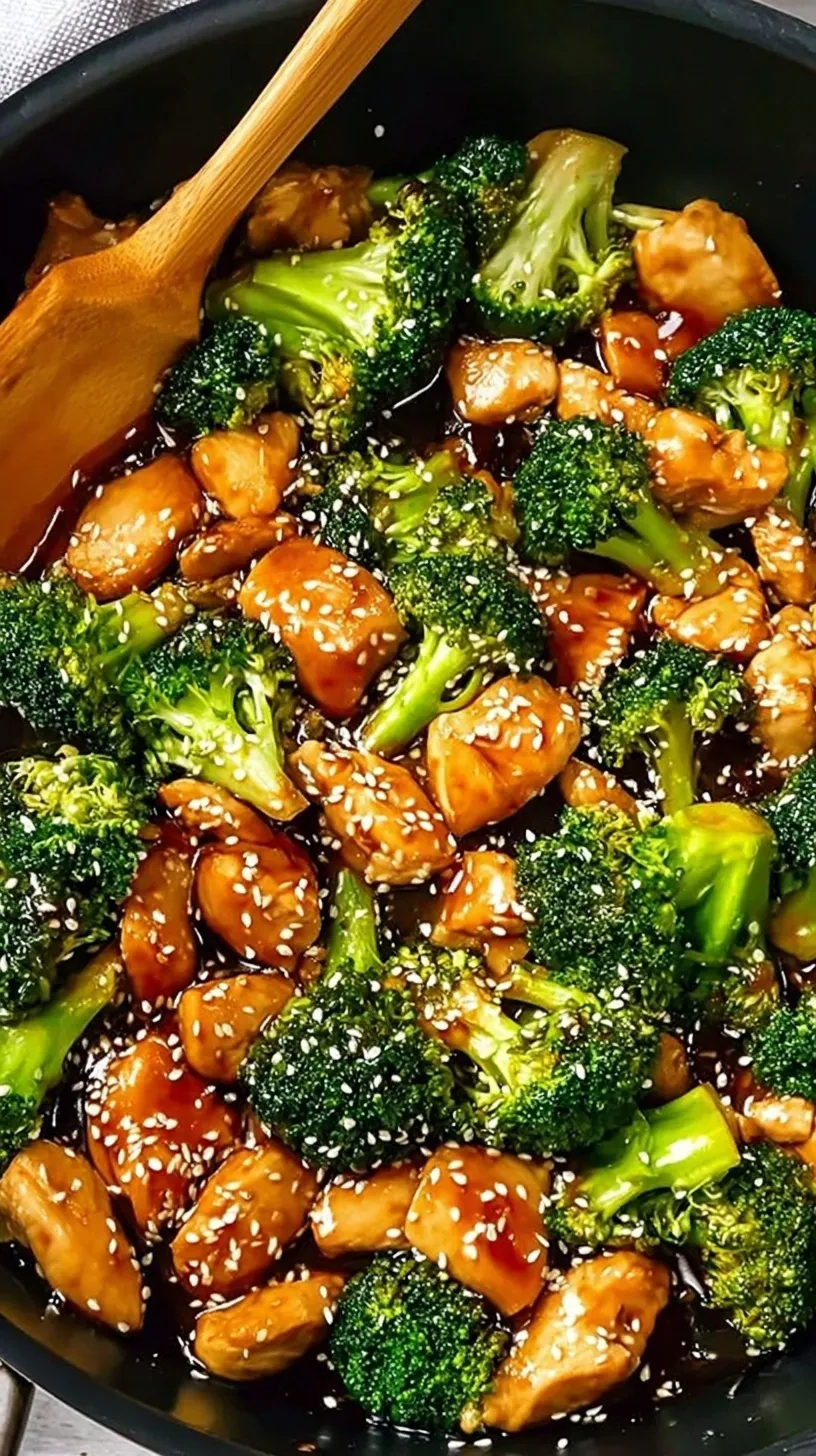 A vibrant healthy chicken and broccoli stir fry with tender chicken cubes and bright green broccoli in a savory sauce.