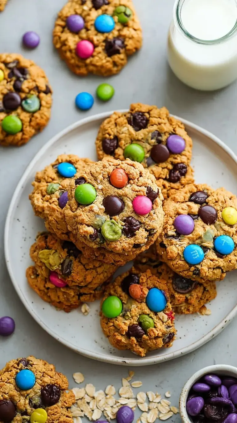 Close up of a stack of healthy monster cookies with dark chocolate chips and colorful candies