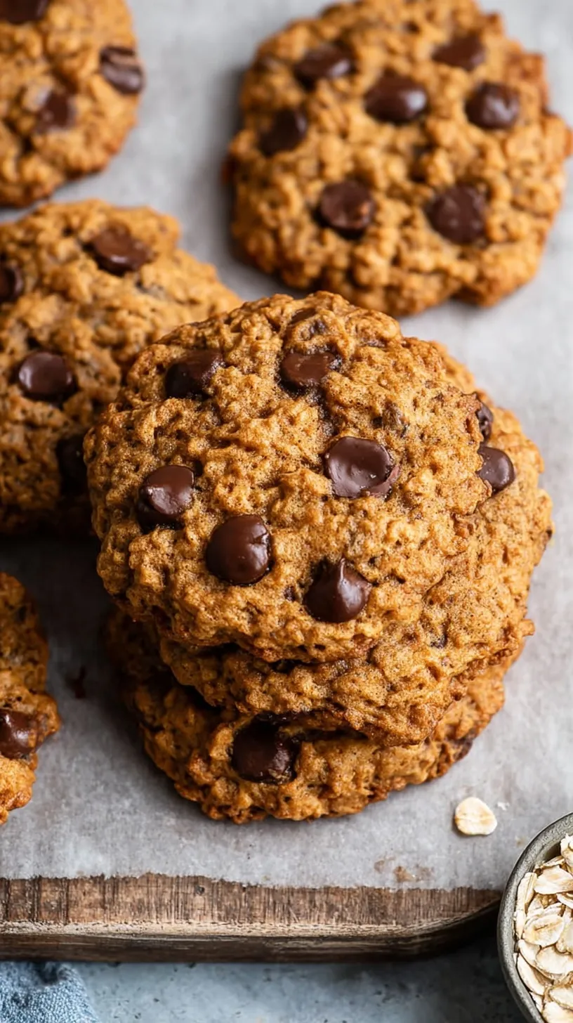 A stack of chewy oatmeal chocolate chip cookies on a white plate with dark chocolate chips scattered around.