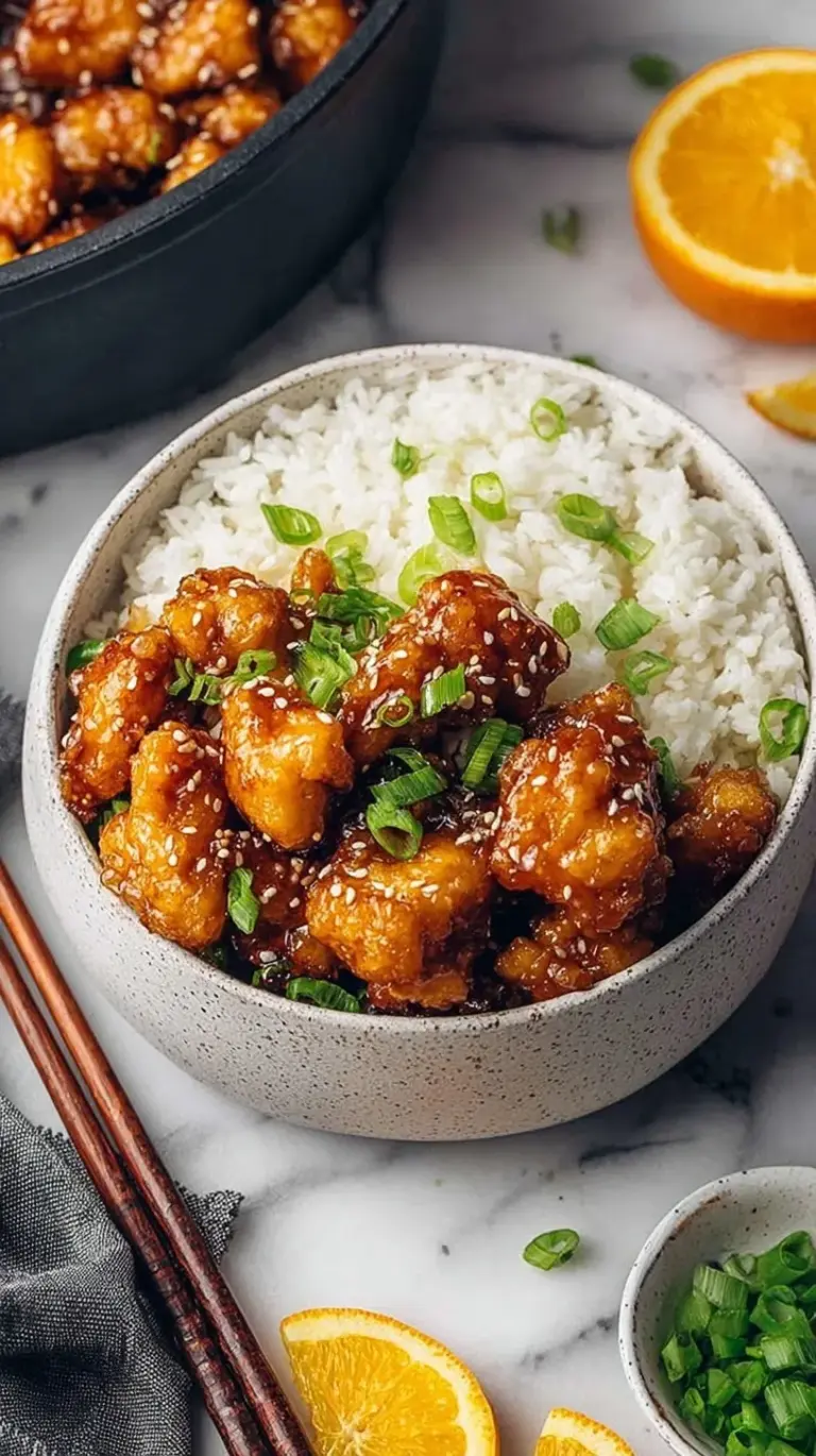 A bowl of glossy Healthy Orange Chicken garnished with green onions and sesame seeds over white rice.