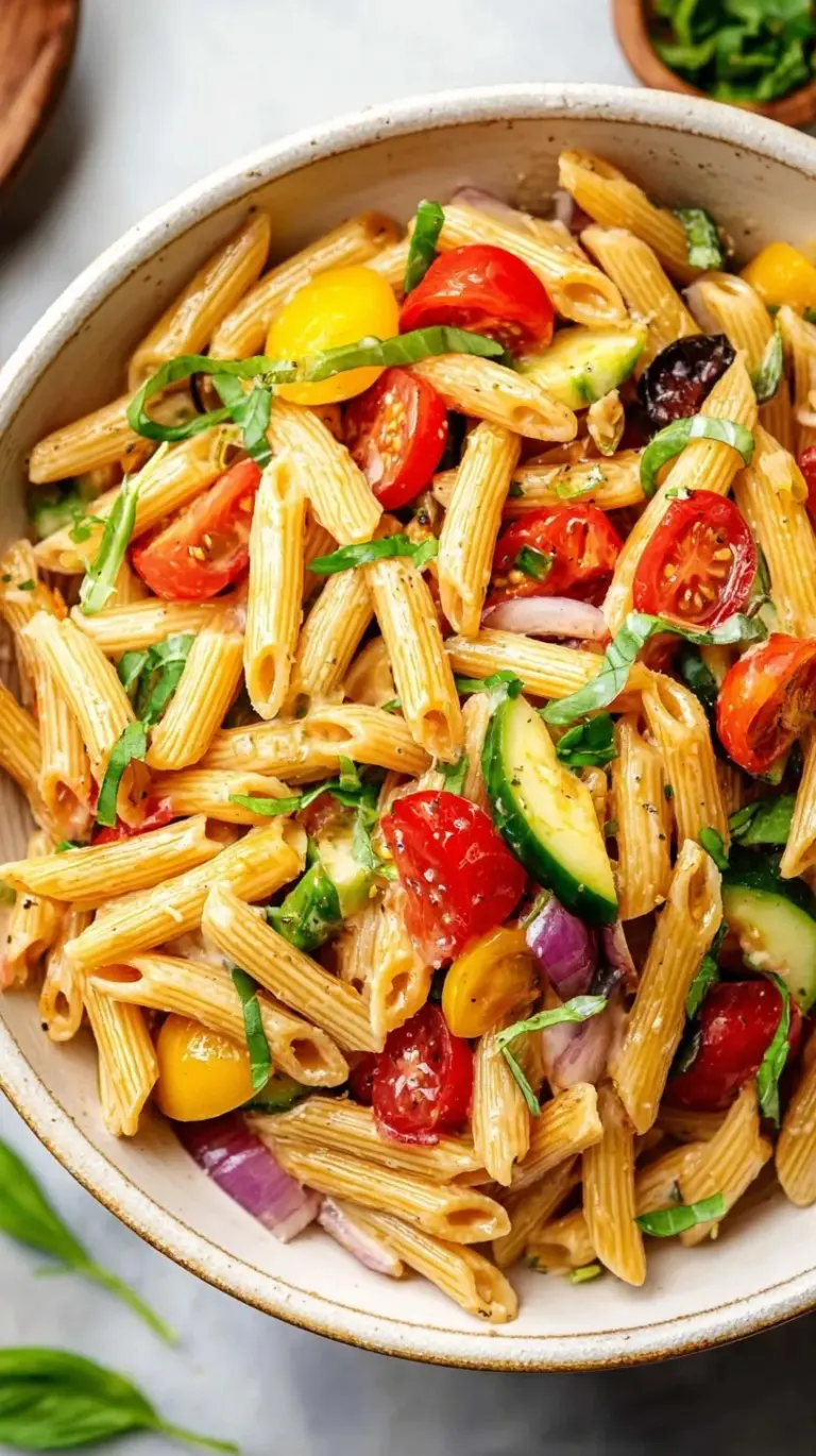 A vibrant bowl of healthy pasta salad with whole wheat rotini, cherry tomatoes, cucumbers, and feta cheese.