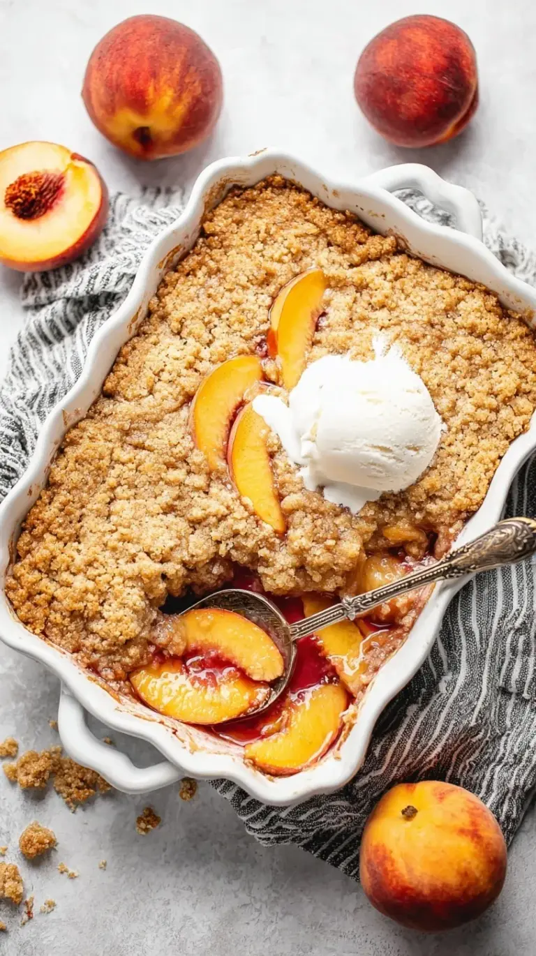 Warm healthy peach cobbler in a baking dish with golden whole wheat biscuit topping