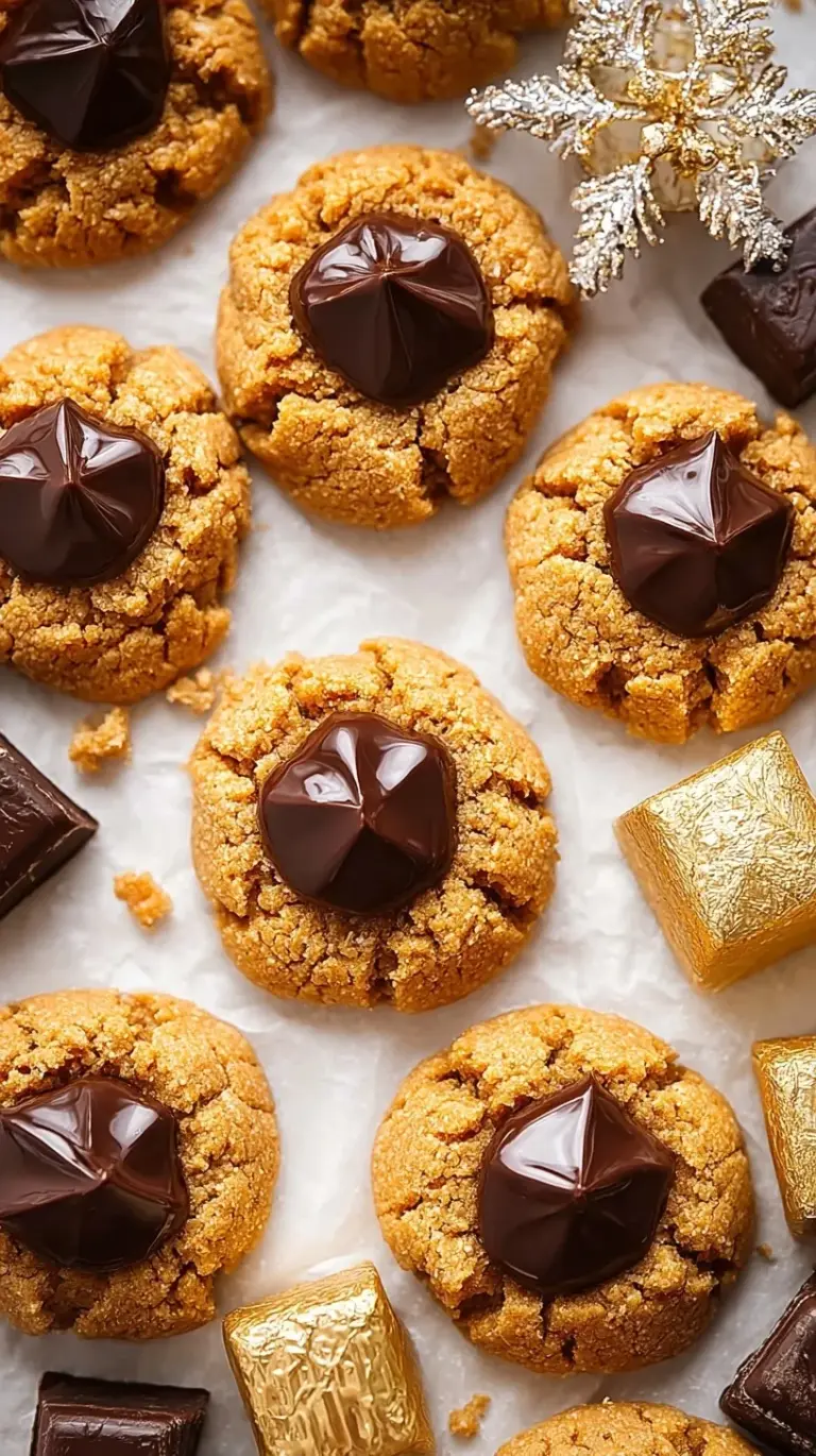 A tray of healthy peanut butter blossoms with dark chocolate kisses on top
