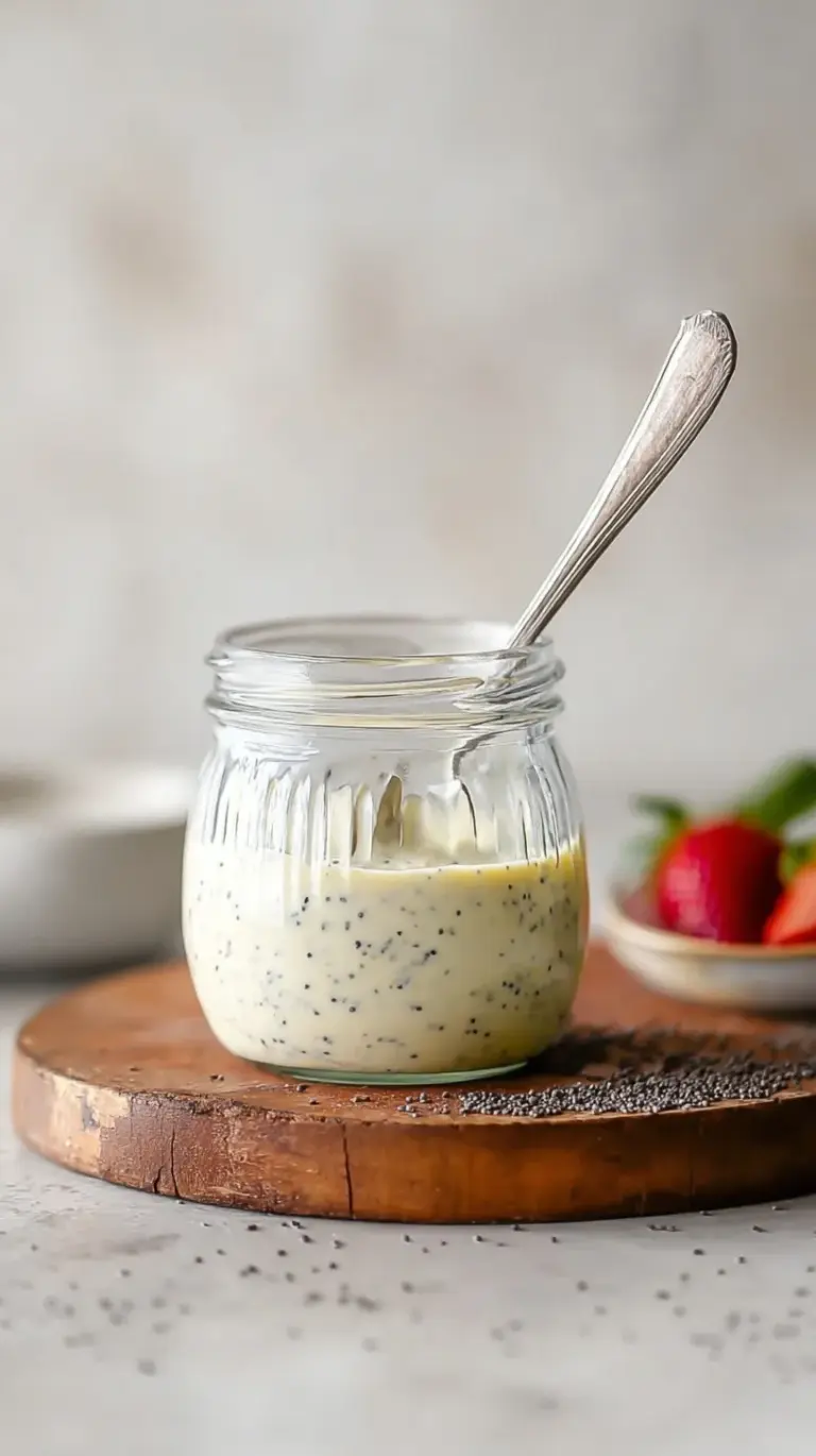 Creamy healthy poppy seed dressing in a glass jar with fresh salad greens in the background