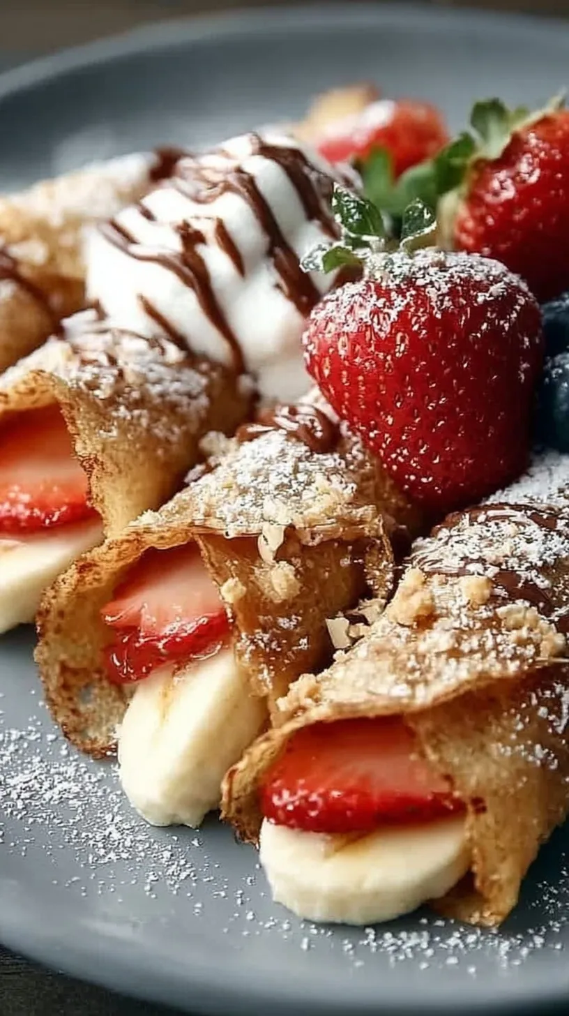 A stack of thin oat-based crepes filled with Greek yogurt and fresh sliced strawberries on a white plate.