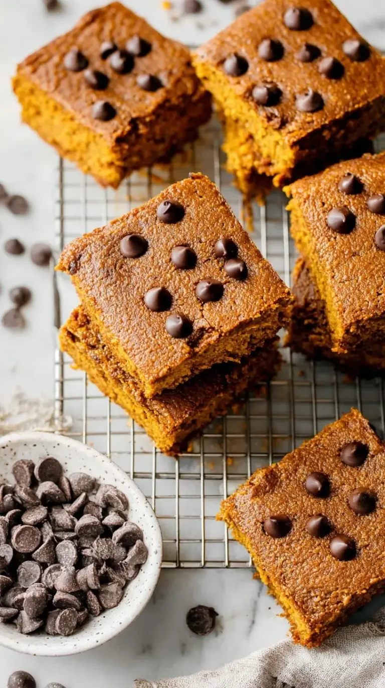 A stack of sliced healthy pumpkin bars on a wooden board with autumn decorations.