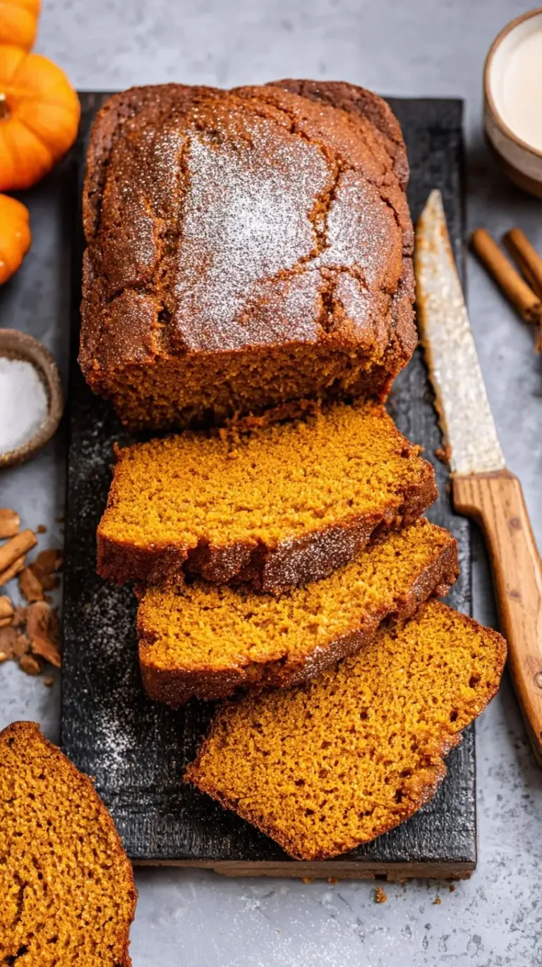 A sliced loaf of moist healthy pumpkin bread on a wire rack with autumn decor