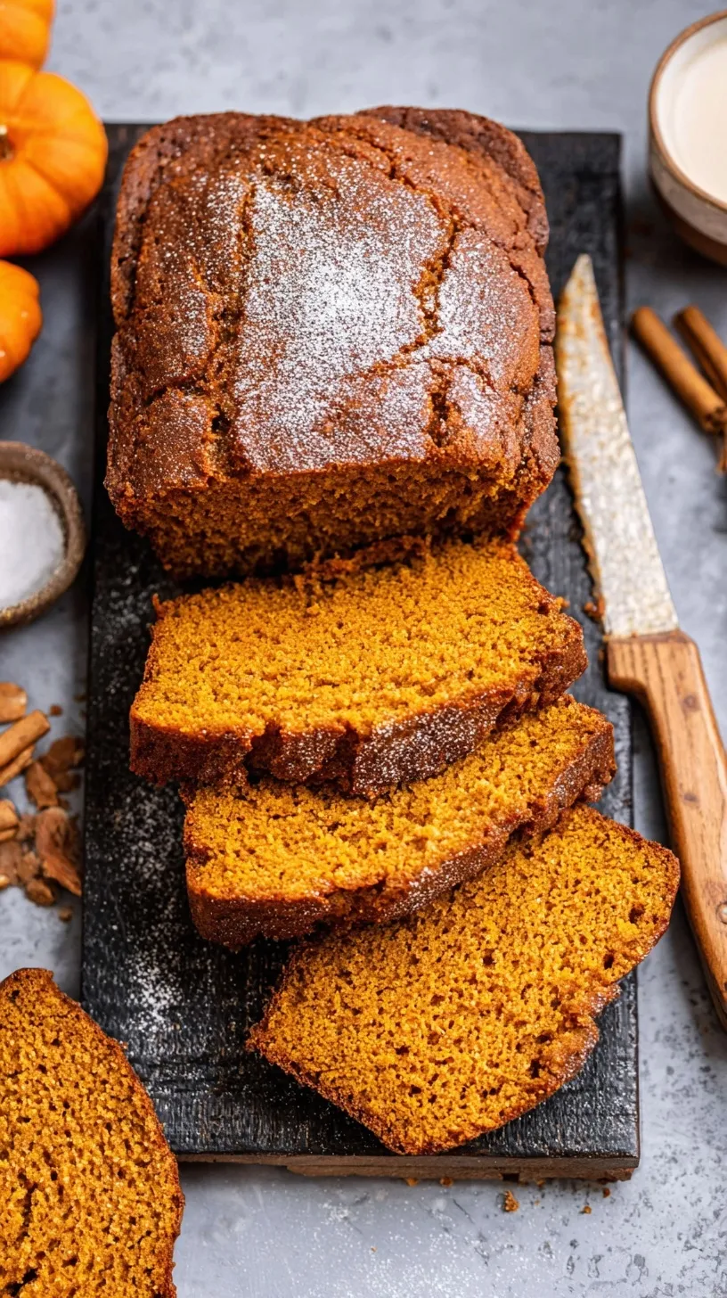 A sliced loaf of moist healthy pumpkin bread on a wire rack with autumn decor