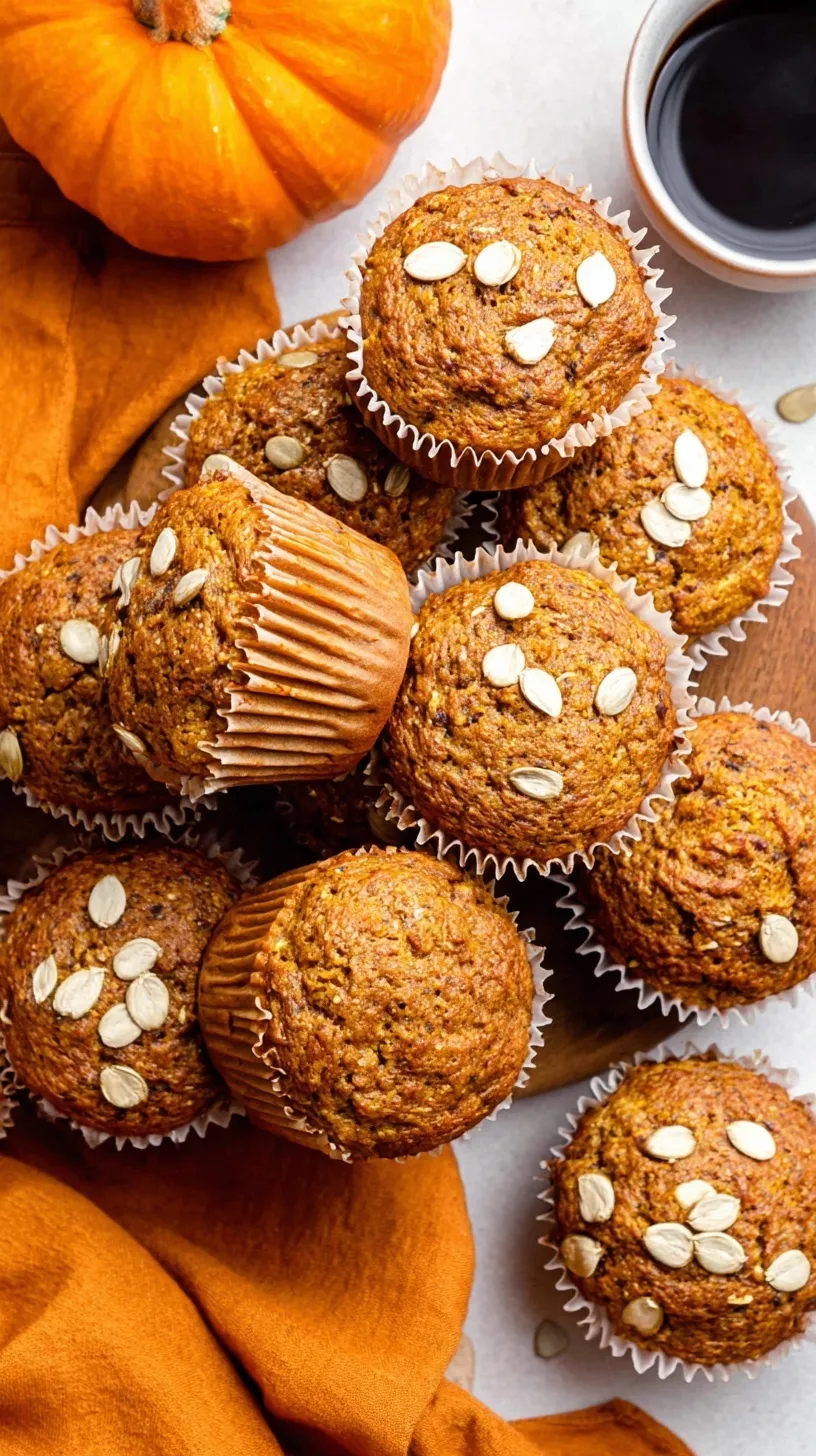 A stack of moist Healthy Pumpkin Muffins on a wire cooling rack with autumn spices