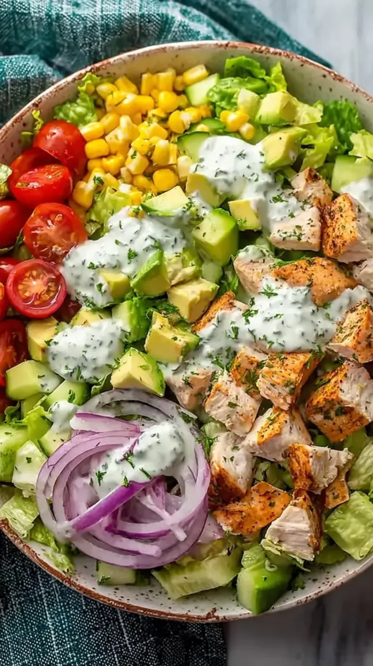 A bowl of creamy Healthy Ranch Chicken Salad garnished with fresh chives and served with celery sticks.
