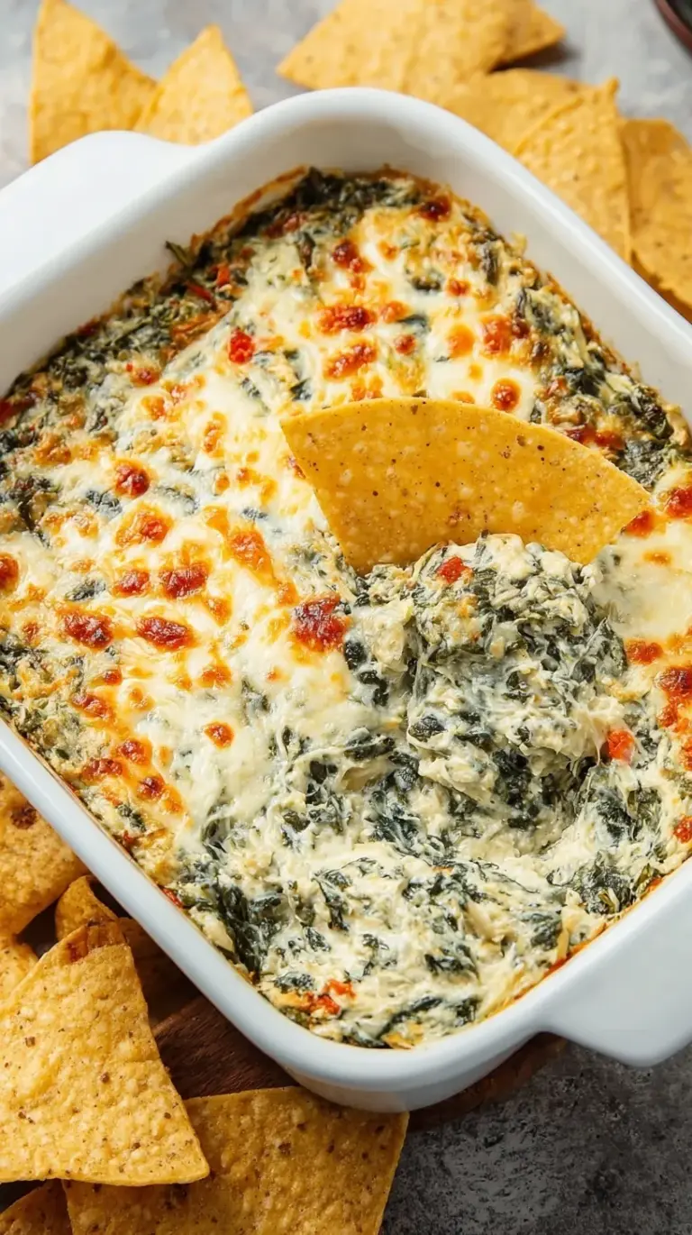 A bubbling bowl of healthy spinach artichoke dip topped with melted mozzarella cheese and served with pita chips.