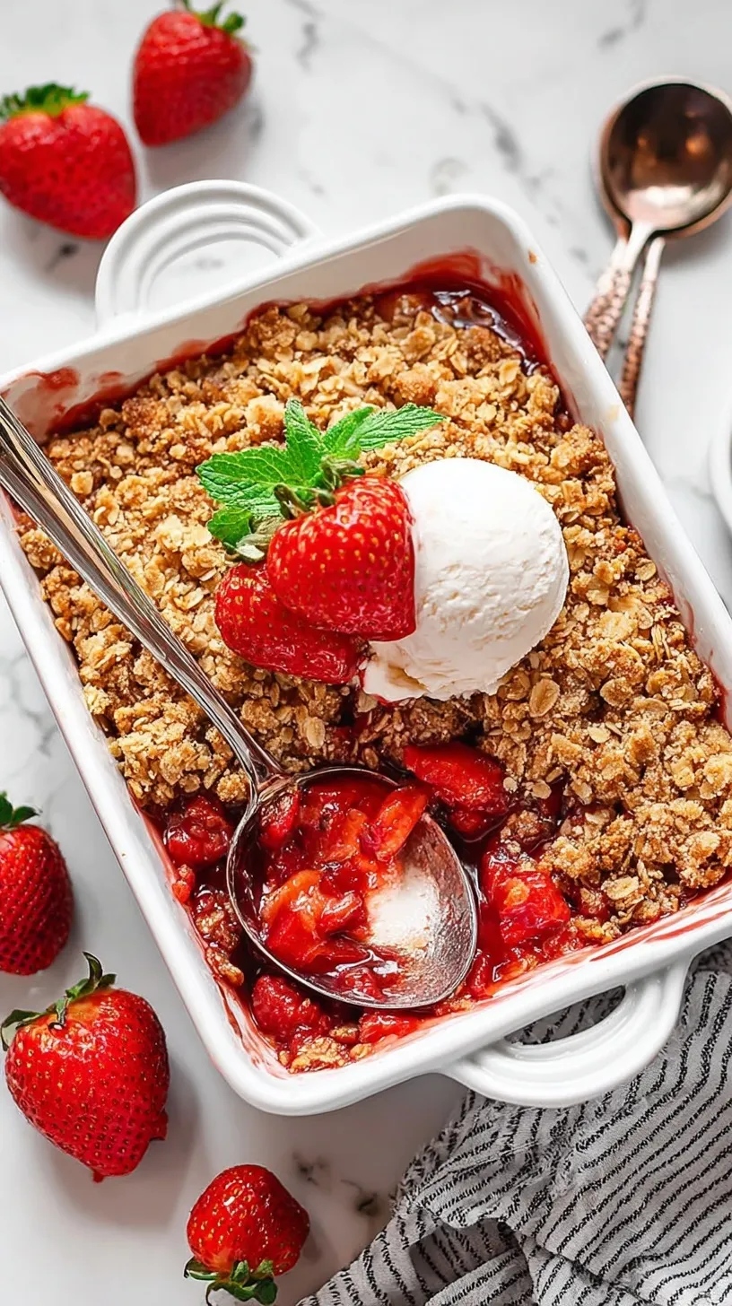 A bubbling healthy strawberry crisp with a golden oat and pecan topping in a white baking dish.