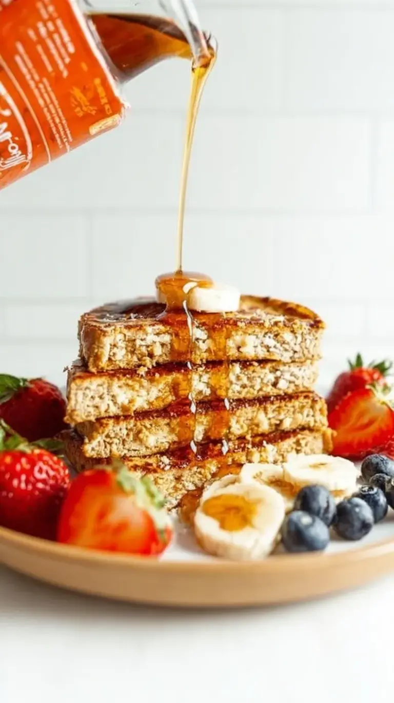 Golden brown stuffed French toast with melted almond butter and sliced bananas on a white plate