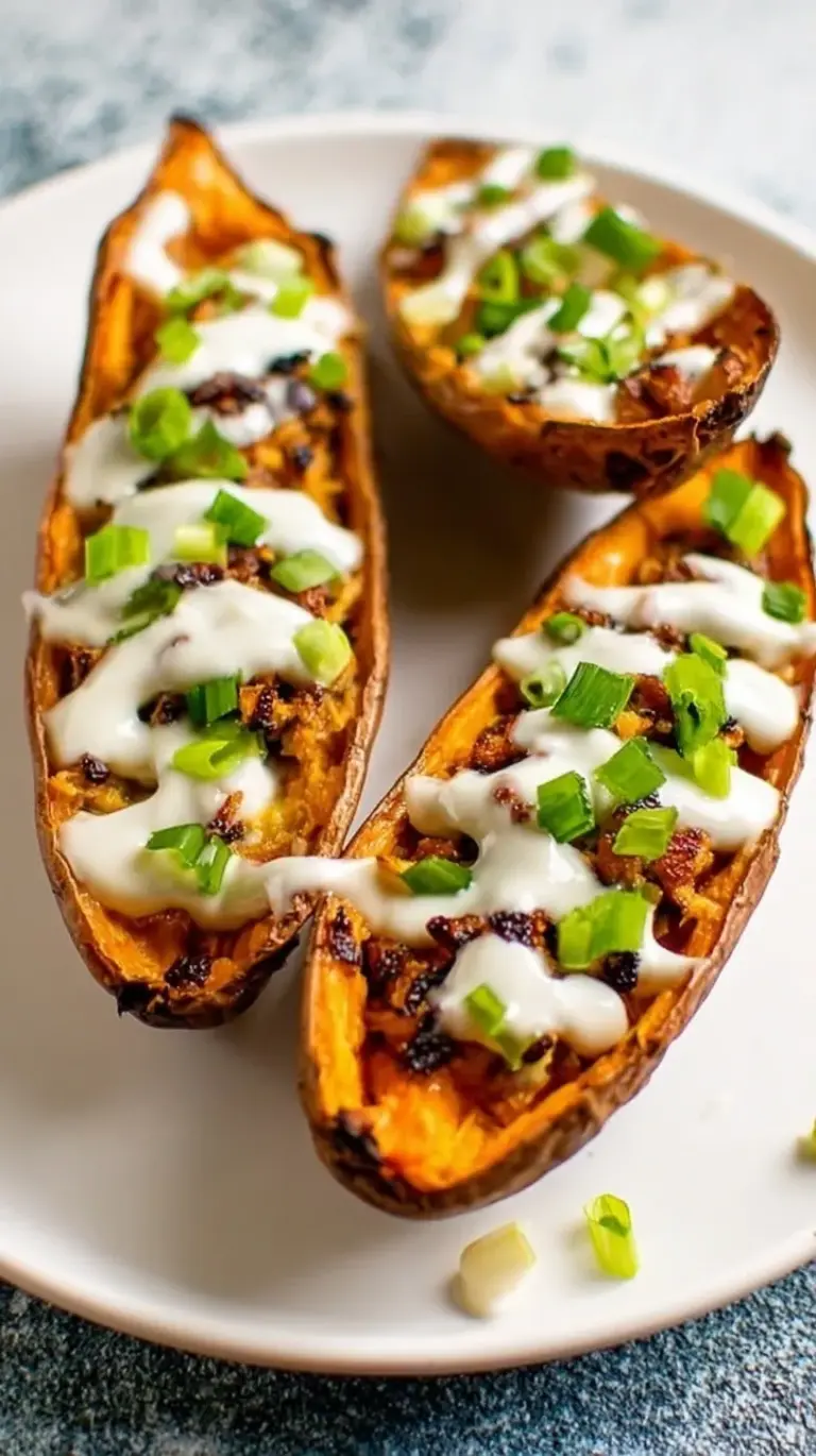 Crispy roasted sweet potato skins topped with melted cheese, black beans, Greek yogurt, and green onions