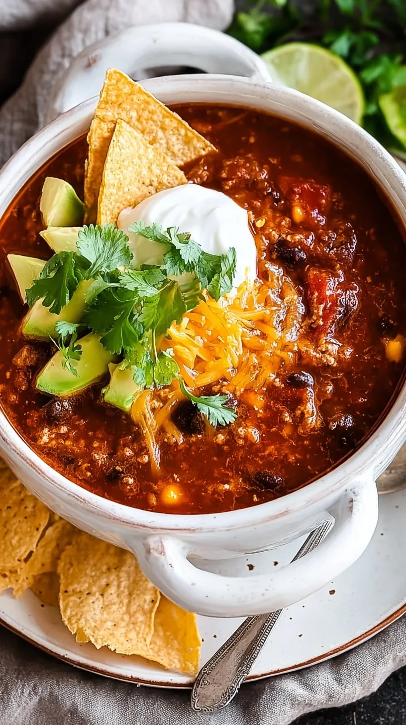 A steaming bowl of Healthy Turkey Chili topped with avocado and cheese