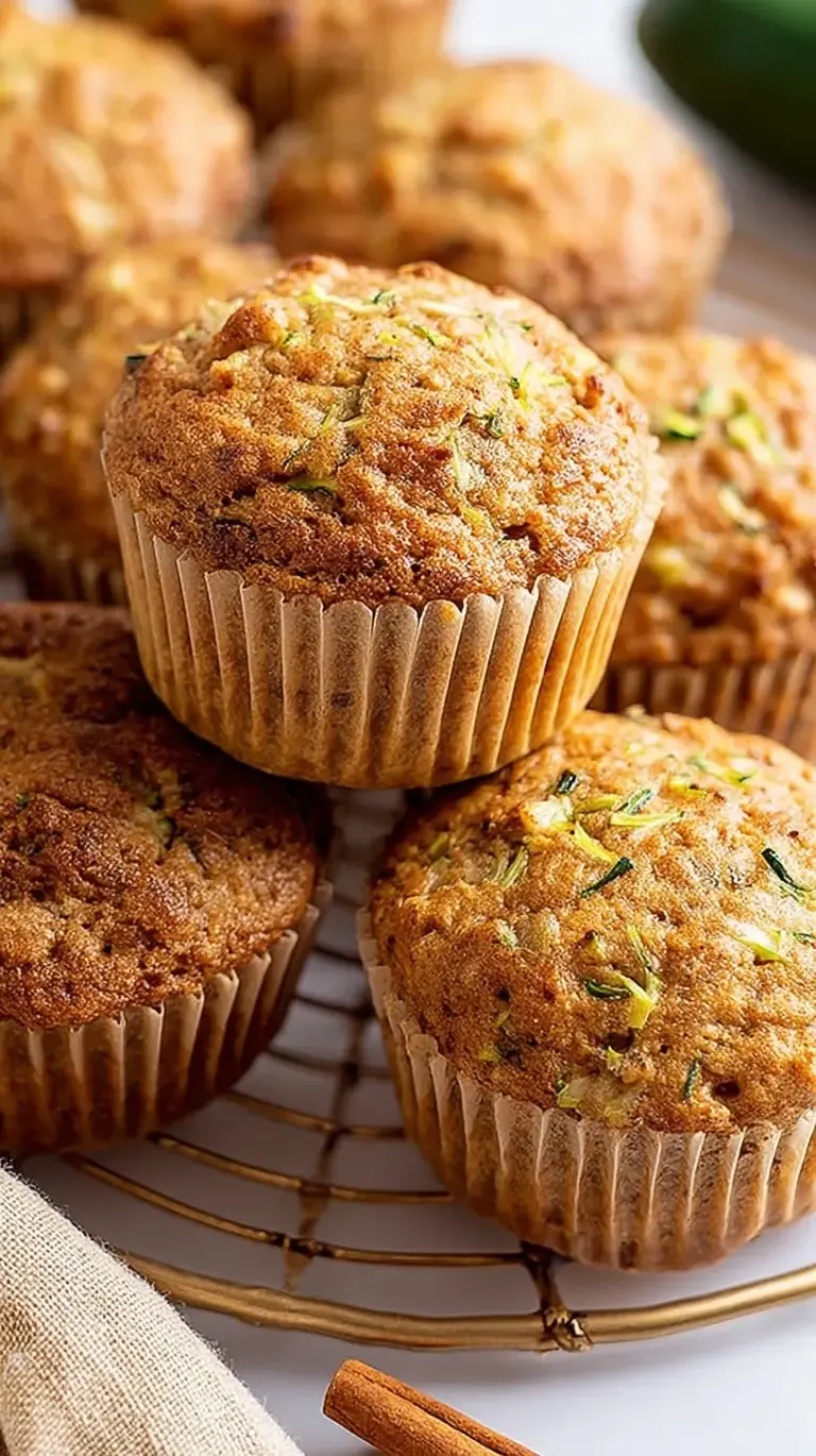 A stack of moist healthy zucchini muffins with chopped walnuts on top