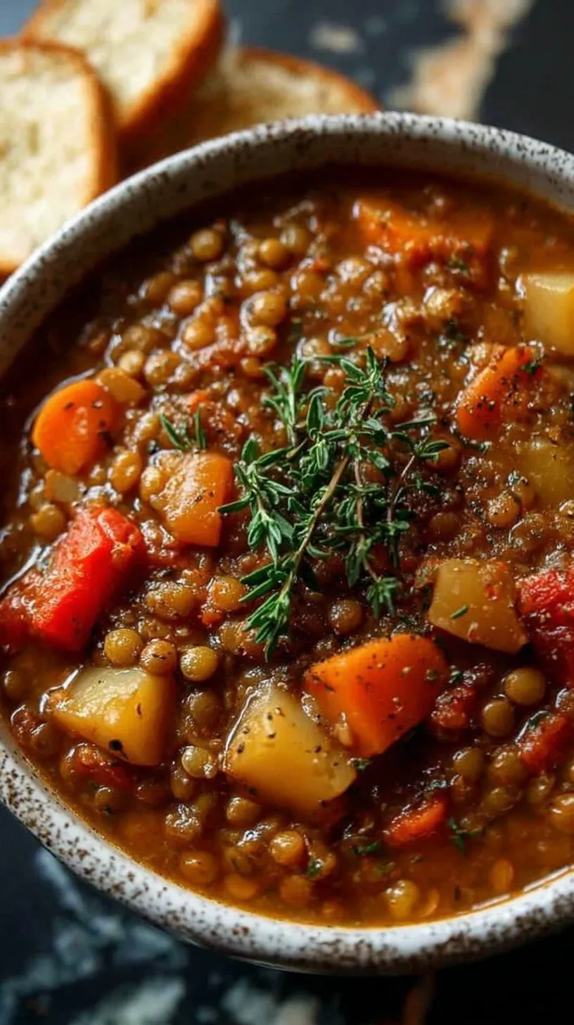 A steaming bowl of thick brown lentil stew with carrots and spinach served with crusty bread.