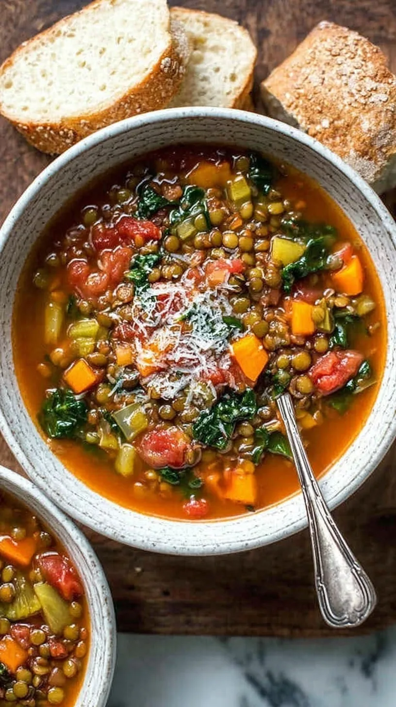 A steaming bowl of hearty minestrone lentil soup with ditalini pasta and fresh spinach garnished with parmesan cheese.
