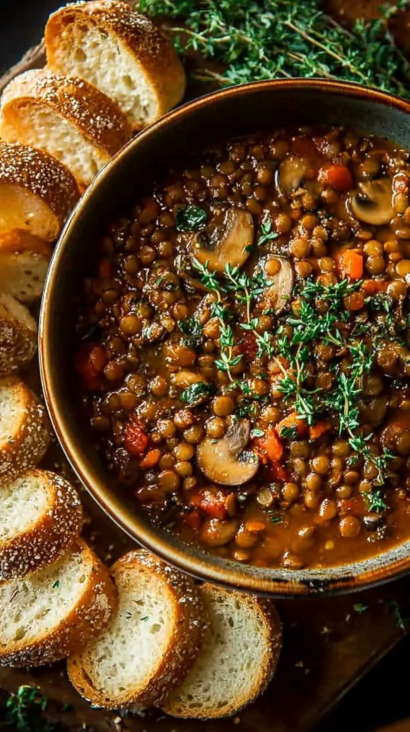 A steaming bowl of thick vegan lentil mushroom stew with carrots, kale, and crusty bread on the side