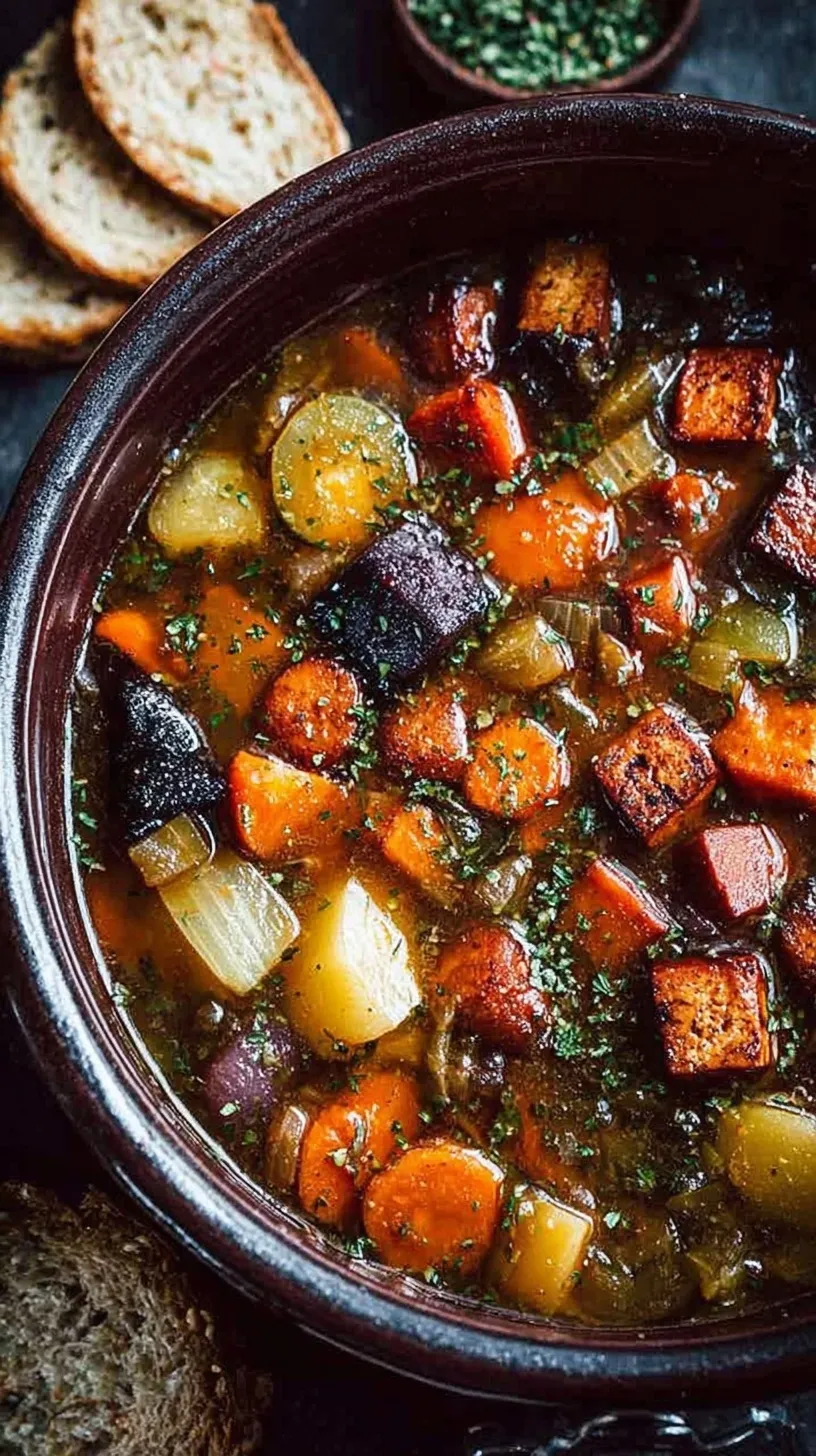 A steaming bowl of thick vegan stew with cubed smoked tofu, carrots, and potatoes