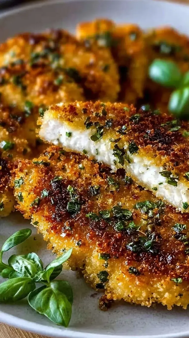 Golden brown herb-crusted baked parmesan chicken breasts on a baking sheet