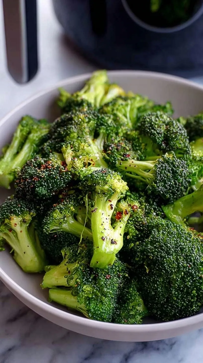 Crispy air fryer broccoli florets coated in parmesan and nutritional yeast in a black air fryer basket