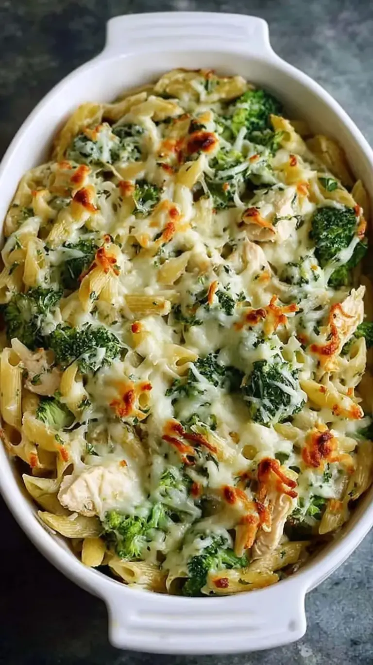A bubbling casserole dish of High Protein Alfredo Bake with melted mozzarella and fresh parsley on top.