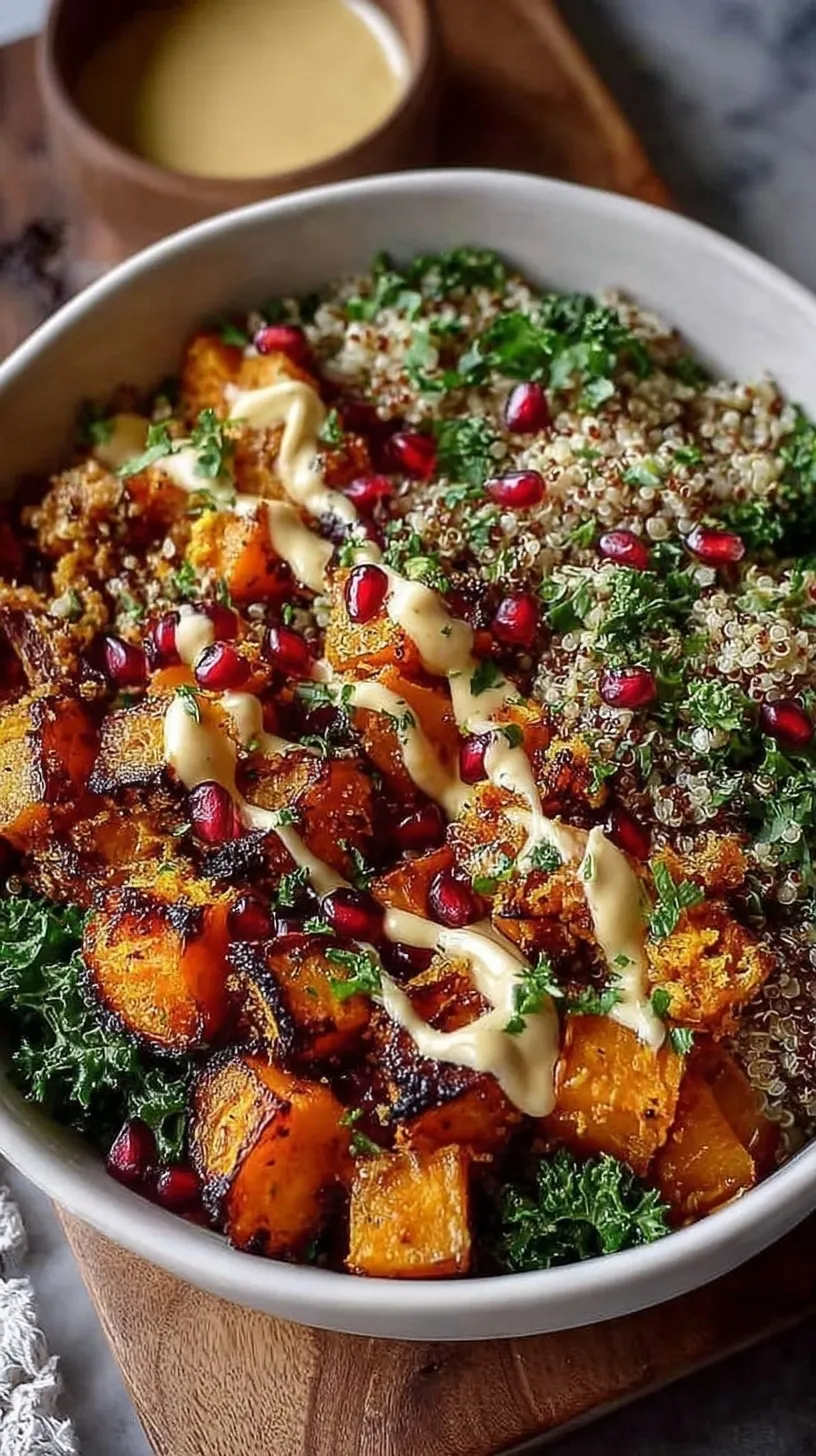 A vibrant quinoa bowl with roasted sweet potatoes, Brussels sprouts, sliced chicken, and maple-tahini dressing.