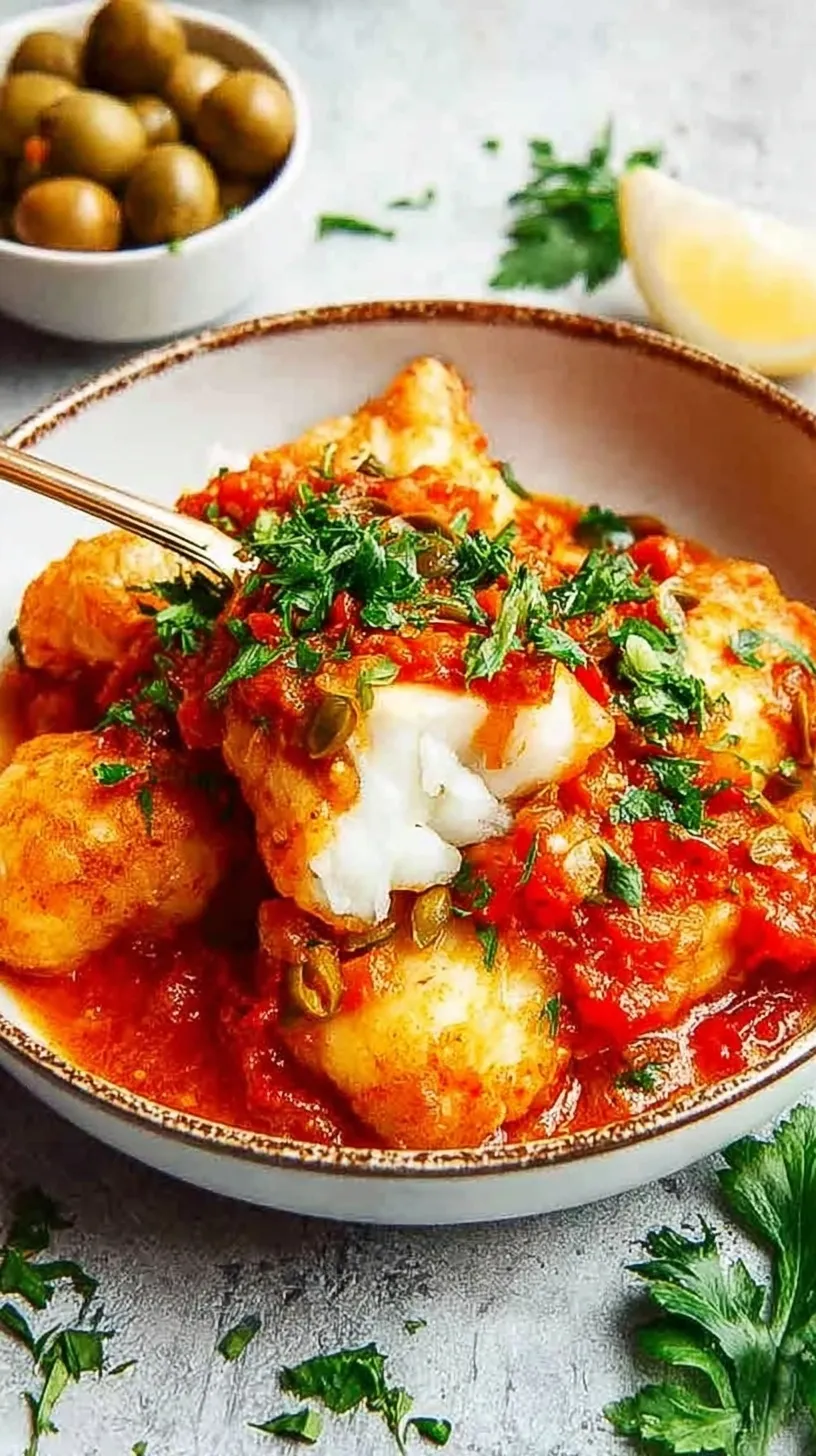 Golden battered cod in a rich tomato and pimento sauce with olives and capers.