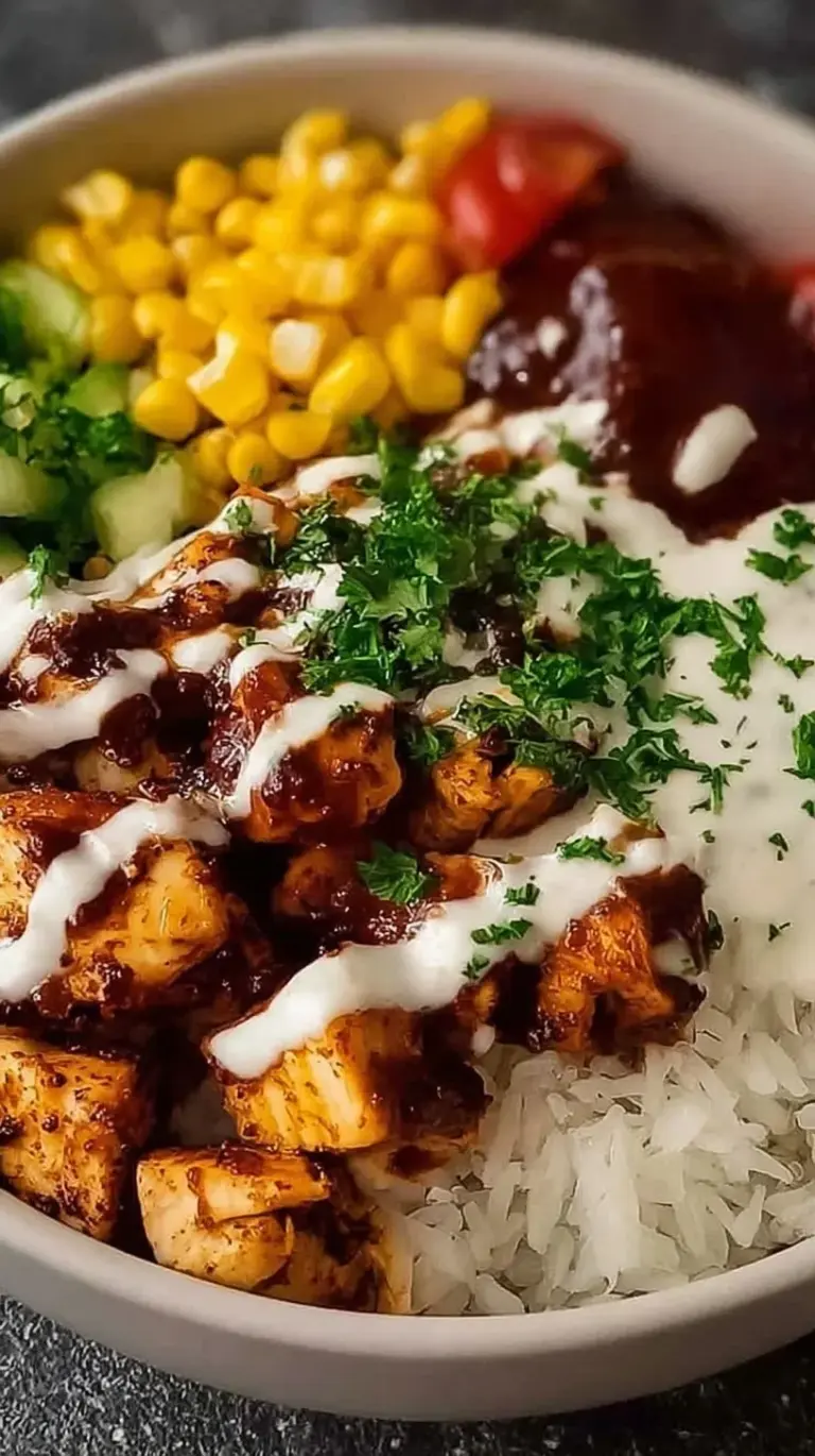 A vibrant meal prep bowl with grilled chicken, black beans, corn, brown rice, and a drizzle of creamy ranch and BBQ sauce.