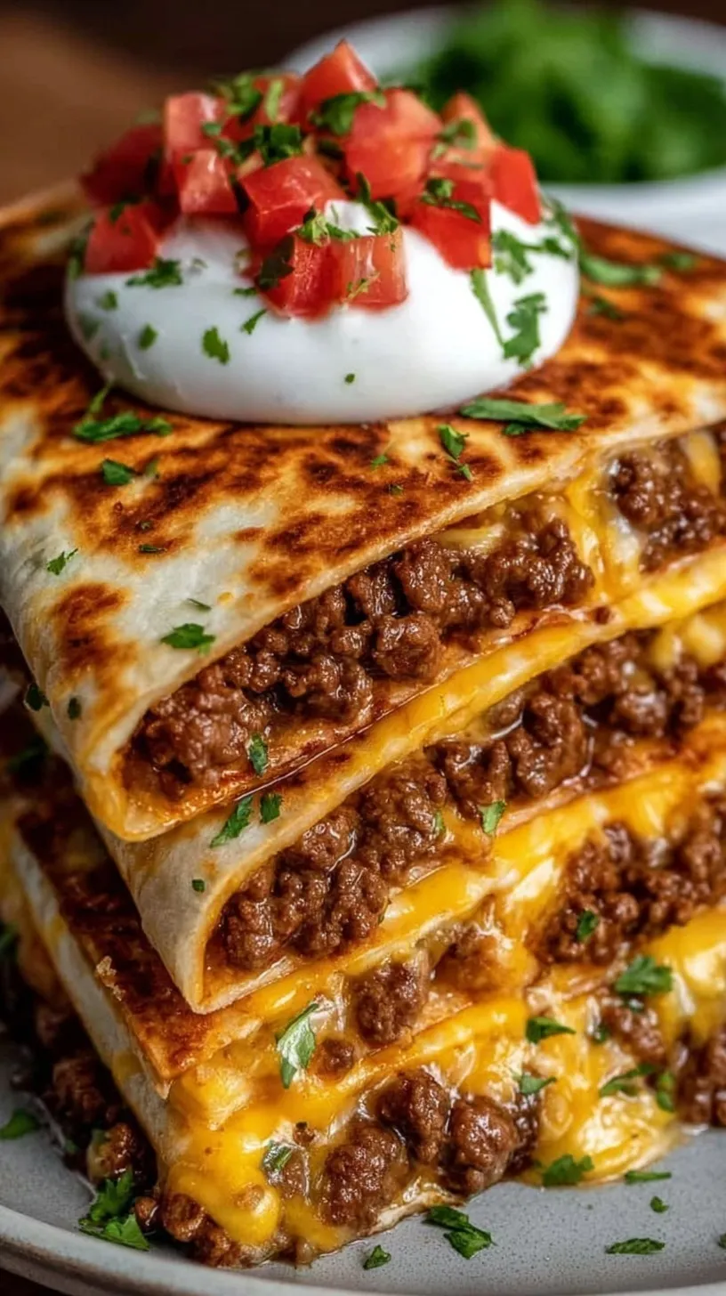 Crispy golden brown high protein beef quesadilla sliced into wedges with a side of Greek yogurt