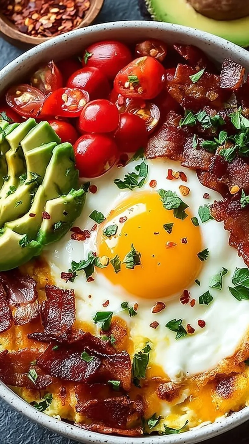 A colorful savory quinoa breakfast bowl topped with a jammy soft-boiled egg, sliced avocado, and black beans.
