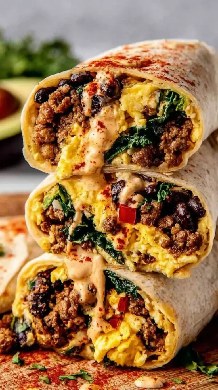 A golden, toasted high protein breakfast burrito sliced in half showing eggs, turkey, and black beans.