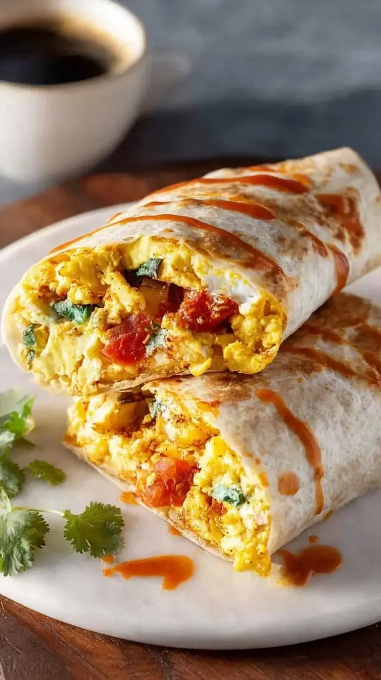 Close up of a sliced high-protein breakfast burrito with turkey, eggs, and beans