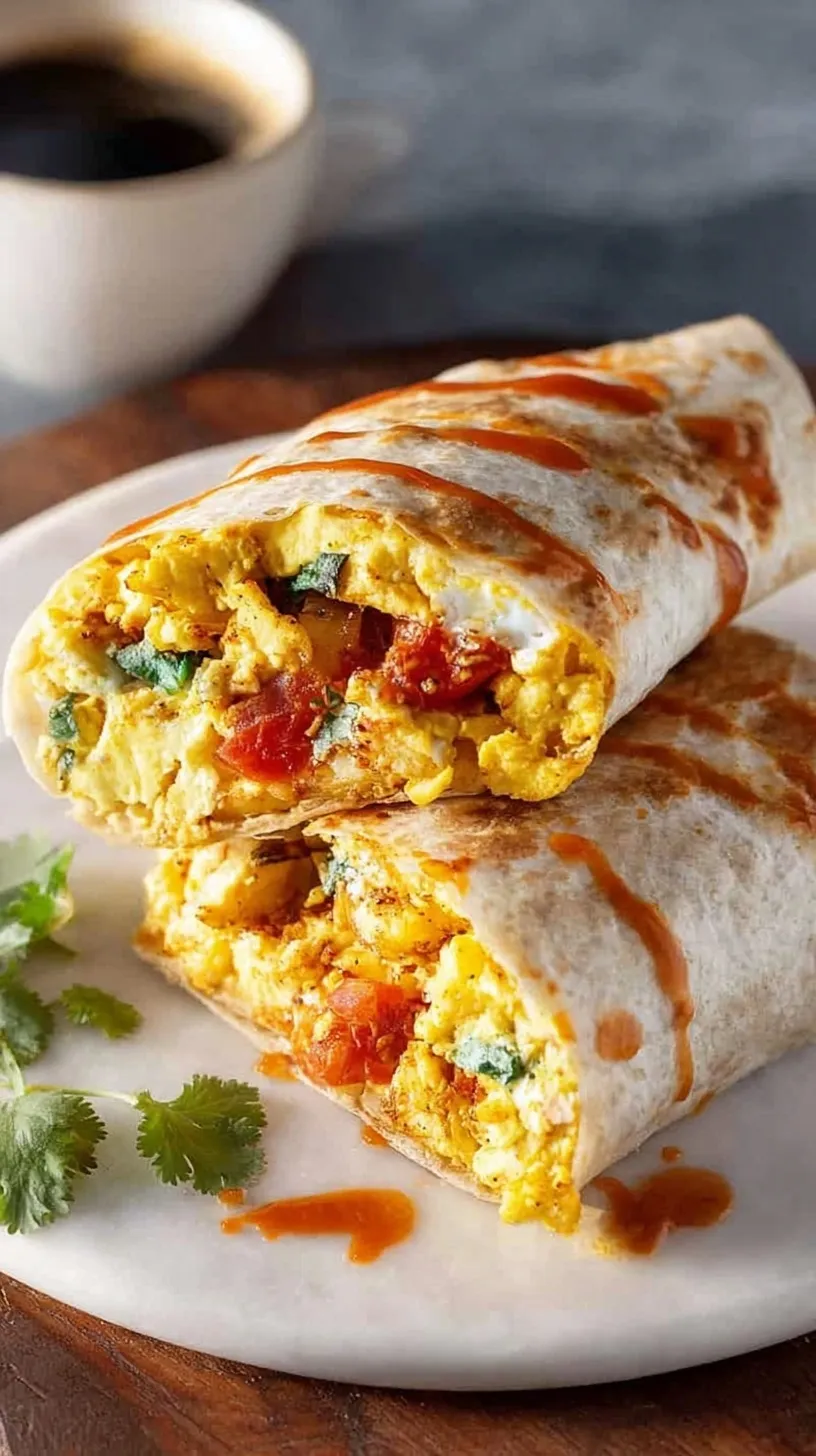 Close up of a sliced high-protein breakfast burrito with turkey, eggs, and beans