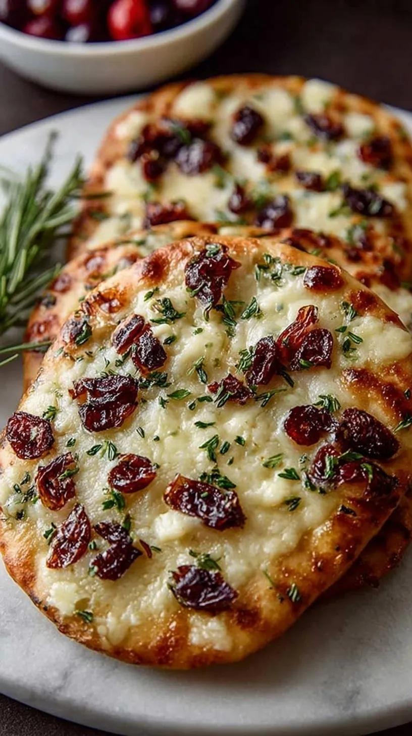 Golden brown flatbread topped with melted brie cheese, tart cranberry sauce, and fresh arugula