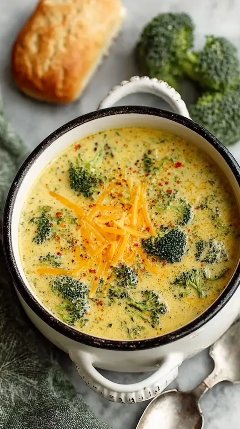 A creamy bowl of broccoli cheddar soup topped with extra shredded cheese and cracked black pepper.