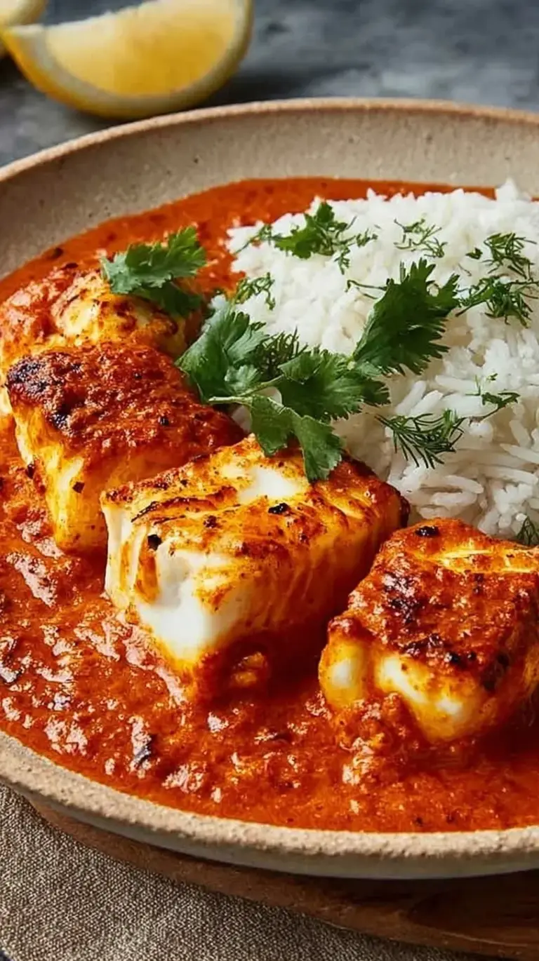 Broiled white fish cubes in a rich orange tikka masala sauce topped with fresh cilantro