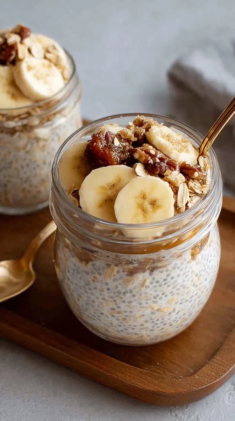 A glass jar filled with creamy brown sugar overnight oats topped with a sprinkle of cinnamon.