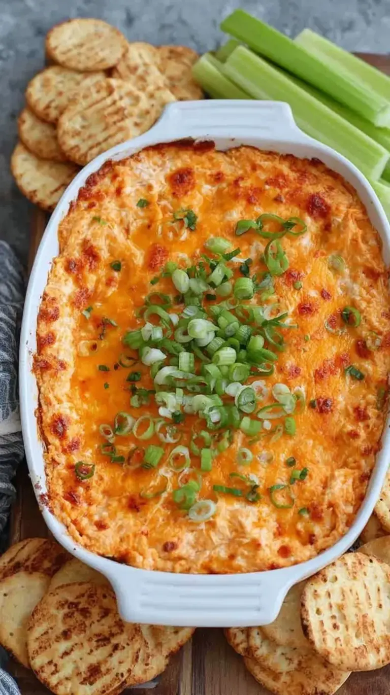 Bubbling buffalo chicken dip in a baking dish topped with melted cheese and green onions
