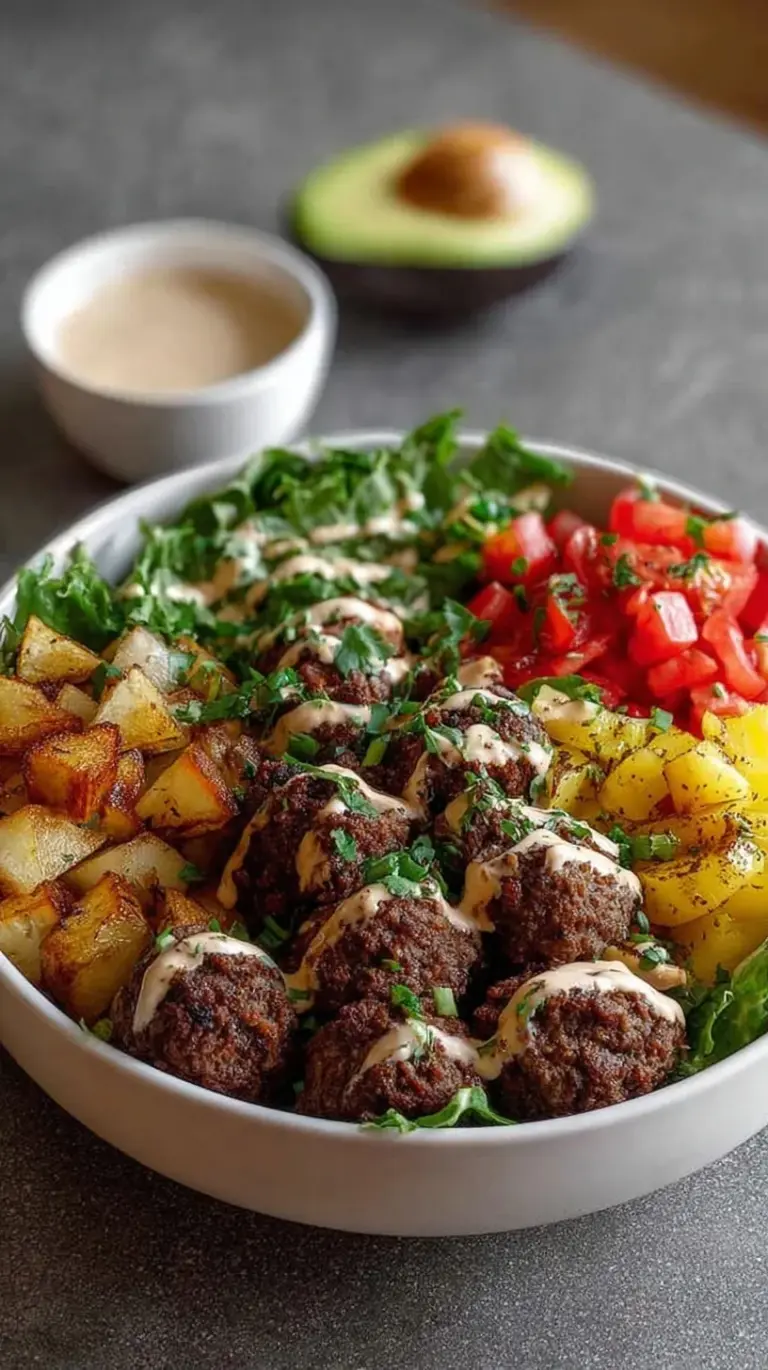 A colorful high protein burger bowl with seasoned beef, avocado, and creamy sauce.