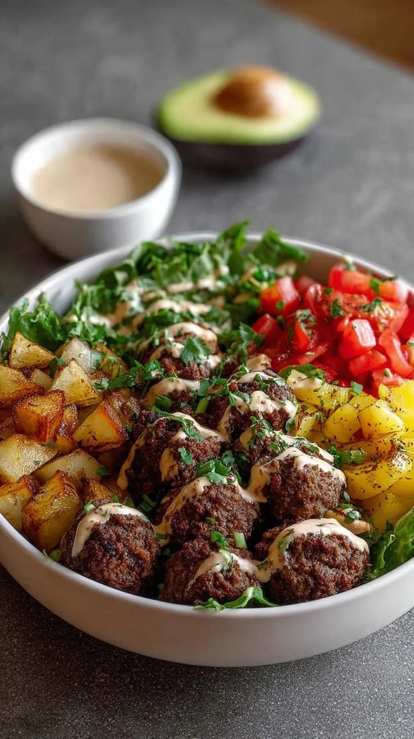 A colorful high protein burger bowl with seasoned beef, avocado, and creamy sauce.